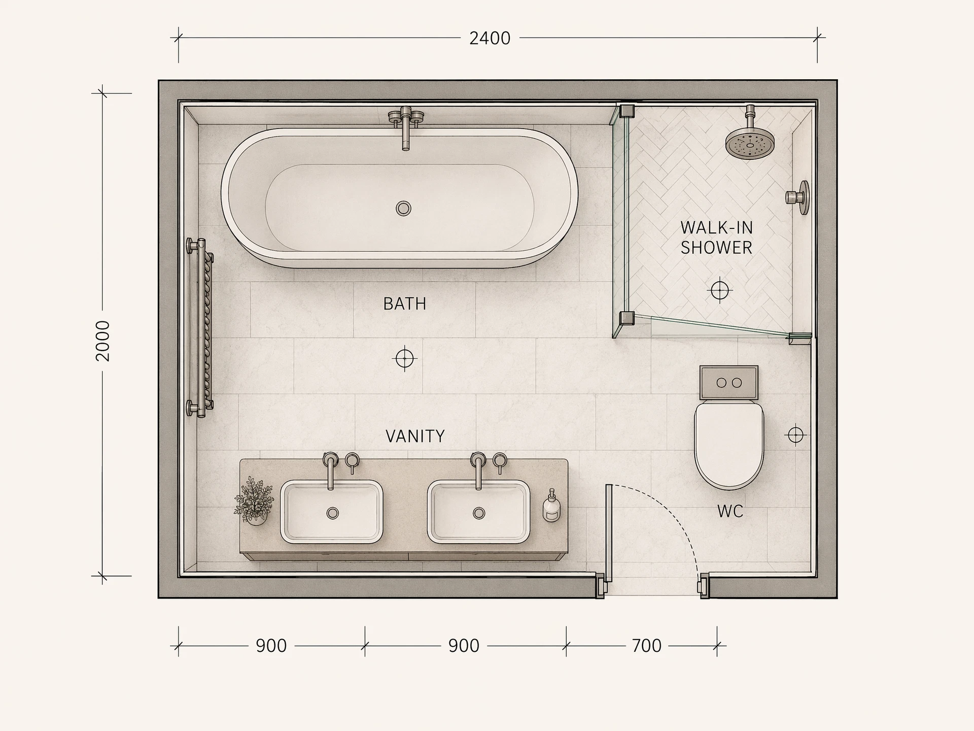 Proposed bathroom floorplan produced during the design process